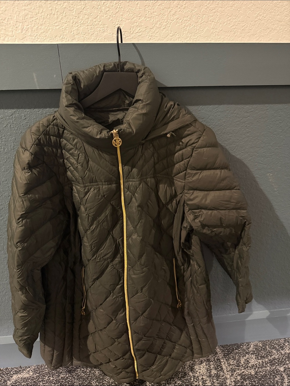 Olive Quilted Puffer Coat with Gold Trim